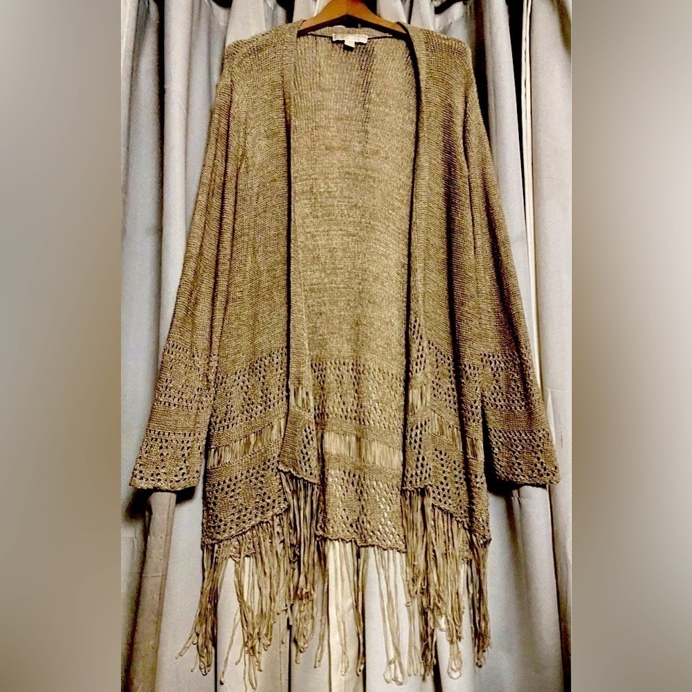 Michael Kors Army Green Knit Fringe Trim Open Cardigan, Size M.‎